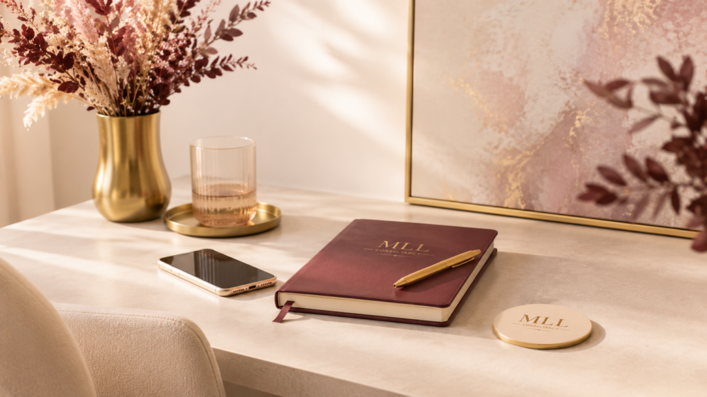 Elegante contactbanner van MLL Consultancy met telefoon, bordeaux notitieboek, gouden pen, bloemen en warme beige en gouden accenten.